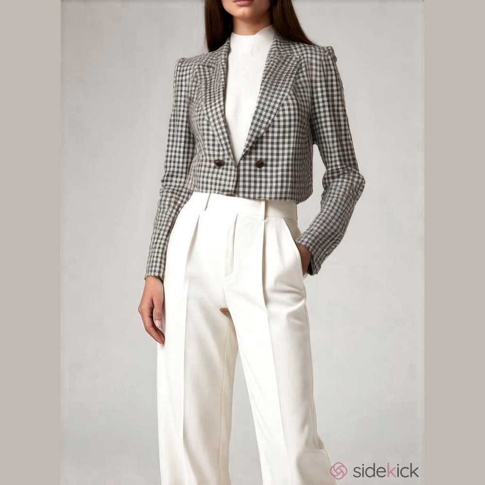 Escada Vintage Brown Gingham Check Double Breasted Crop Blazer Sharp Sho…